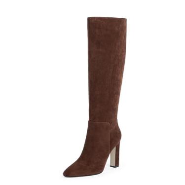 Imagem de VIUGJNEX Botas de cano alto femininas bico amendoado bloco grosso salto alto botas altas, Camurça chocolate, 37