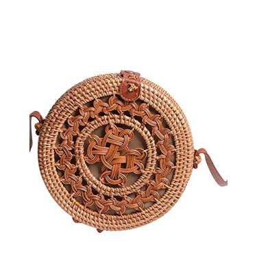 Imagem de SHAREYOIU Bolsas de ombro redondas de vime feitas à mão, estilo tropical de praia natural chique com alça de couro, Z Hollow, BIG ,7.87 x 3.2 inches