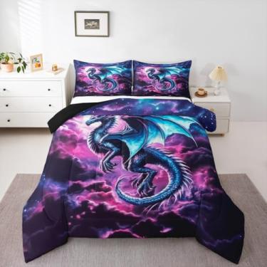 Imagem de jejeloiu Conjunto de cama de dragão macio para meninos e meninas, safári, animais selvagens, tamanho casal, edredom de microfibra para decoração de quarto, 3 peças com 2 fronhas