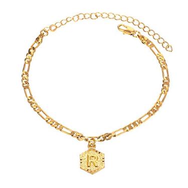 Imagem de Pulseiras de tornozelo com inicial para mulheres e homens, pulseira de tornozeleira de elos cubanos fígaro de ouro 18 K para mulheres e adolescentes, tornozeleira de ouro personalizada com iniciais, 8