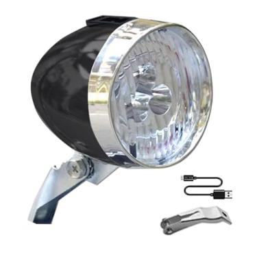 Imagem de Farol de bicicleta retrô ajustável, 3 luzes dianteiras de LED para passeios noturnos, farol de ciclismo recarregável por USB à prova d'água com alto brilho e suporte de montagem, farol de bicicleta