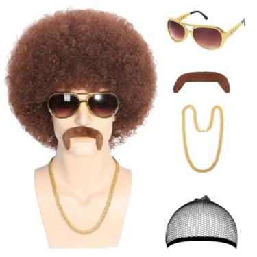 Imagem de Conjunto de 5 peças de perucas afro para homens (Wig+ óculos + colar + bigode + touca de peruca) cabelo discoteca fantasia anos 70 curto castanho encaracolado perucas masculinas cabelo sintético fofo