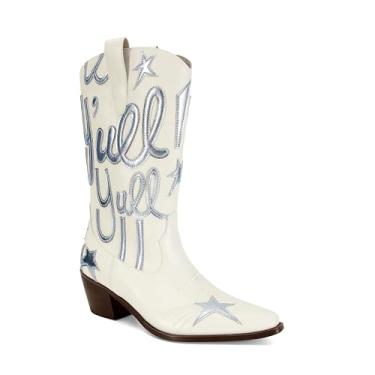 Imagem de GTBINGGO Botas de cowboy femininas sem cadarço, cano médio, botas ocidentais, bordadas, botas de cowgirl, bico fino, salto grosso, Branco, 39