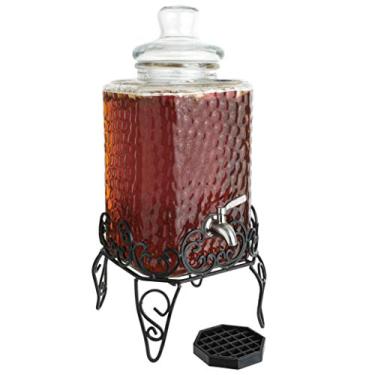 Imagem de Dispensador de bebidas de vidro de 6,8 litros com Spigot de aço inoxidável no suporte de metal e bandeja de gotejamento - Dispensador decorativo de jarro maçom para chá de sol, chá gelado ou kombucha