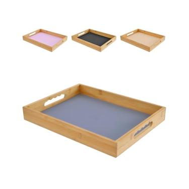 Imagem de Bandeja de servir de bambu com tapete de silicone, alças ergonômicas, bandeja de cama multiuso para café da manhã, laptop, otomano
