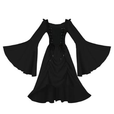 Imagem de Yejue Vestido renascentista medieval, mangas largas, bainha irregular, elegante, baile real vitoriano, steampunk, vestido de teatro, Preto, M