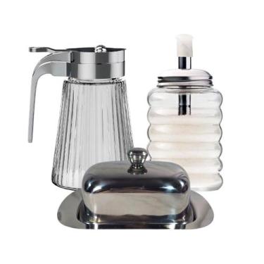 Imagem de Kit Mesa Posta Com Açucareiro Bico Dosador Manteigueira Inox Porta Mel