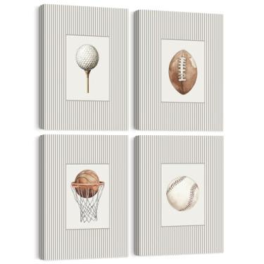 Imagem de Decoração de arte de parede esportiva para quarto de meninos e crianças, vintage, esportes, berçário, decoração de parede, pôster, futebol, beisebol, basquete, golfe, pintura, arte para quarto, 20 x