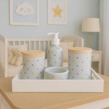 Imagem de Kit Higiene poá Bebê em Porcelana, Bandeja Branca, 4 Peças, Potes com Tampa de Madeira, Dispenser, Porta Algodão, Decorativo para Quarto Infantil (Poa Colorido)
