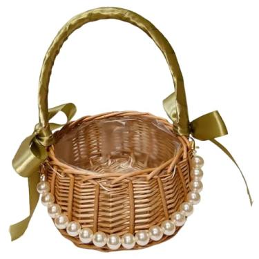 Imagem de Cesta de menina de flor, cesta de vime tecida com alça e fita verde 23 cm de altura para Páscoa, casamentos, festas, decoração de jardim