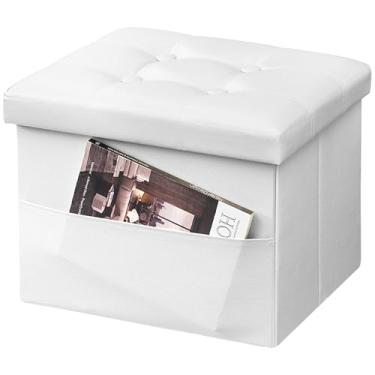 Imagem de AmasSmile Banqueta dobrável para descanso para os pés com bolso lateral, banco de couro de 43 cm, banco otomano curto, loja de descanso para os pés, baú de cobertor, branco
