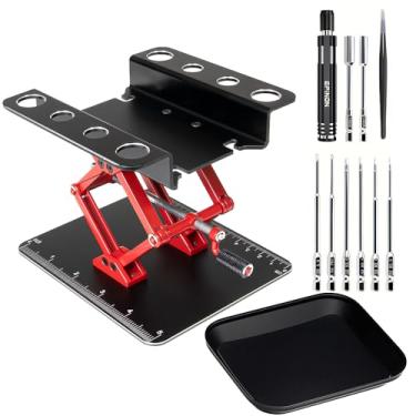 Imagem de EPINON RC Car Repair Work Stand Adjustable Lift Lower Workstation RC Tool Set and RC Screwdrivers and Screws Pallet for 1/8 1/10 1/12 1/16 1/18 RC Car Crawler Truck Buggy