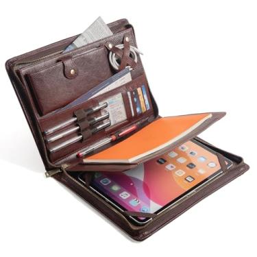 Imagem de Augus Carteira de couro genuíno com zíper para homens/mulheres, currículo de negócios A4/Pad, organizador de pastas, com bolso para documentos, janela para identidade, compartimentos para cartões