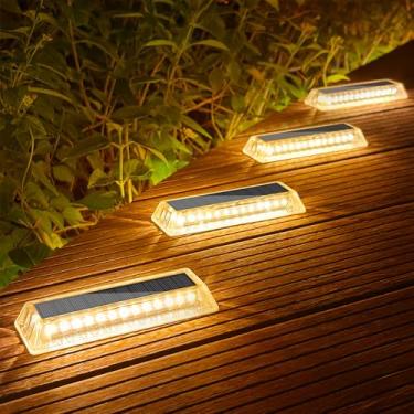 Imagem de Lacasa Pacote com 4 luzes solares para convés, doca de garagem, luz de LED, movida a energia solar, uso externo, à prova d'água, marcadores de estrada para degrau, escada, jardim, terra, quintal
