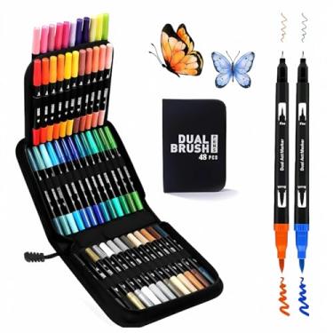 Imagem de Canetas Marcadores Ponta Dupla com Estojo 48 Cores Vibrantes Tinta para Desenho Caligrafia Pintura Ilustração Arte Escolar Kit Canetinhas Coloridas 48 Cores para Crianças e Adultos