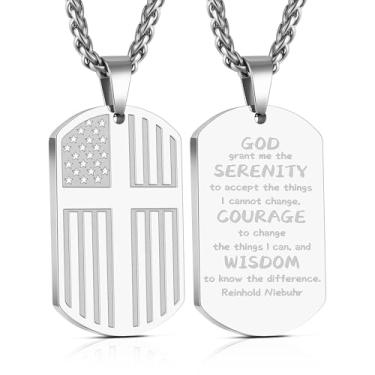 Imagem de Yanxyad Cruz etiqueta de cão bandeira americana versículo bíblia colar de aço inoxidável corrente pingente militar joias religiosas presentes para homens adolescentes 55 + 5 centímetros, Medium, Aço