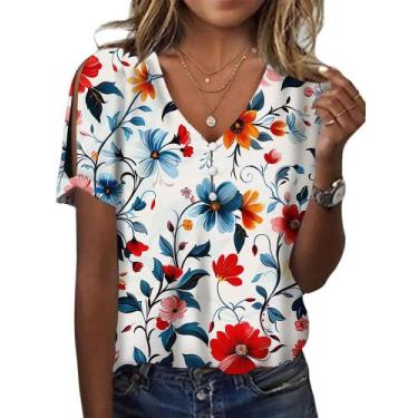 Imagem de Camisas HOTYD de manga curta para mulheres, boho, floral, de verão
