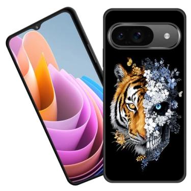 Imagem de BFUKVOU Capa para Google Pixel 10/10 Pro 6,3 polegadas 2025, capa protetora de corpo inteiro de borracha de silicone macio premium, arte floral de tigre e caveira