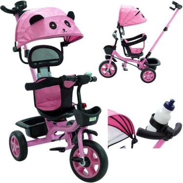 Imagem de Triciclo Infantil Empurrador 2 em 1 Carrinho de Passeio Bebê Capota 50kg Guia Auxiliar Cesto Rodas Rosa