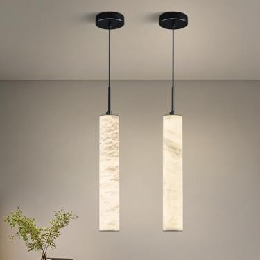 Imagem de LMQNINE Luminárias Pendentes De Alabastro Natural Para Ilha Cozinha, Lustre Longo Mármore Branco, Teto Pretas Modernas, Quarto, Sala Jantar, Mesa E Corredor (Pacote Com 2 Unidades)