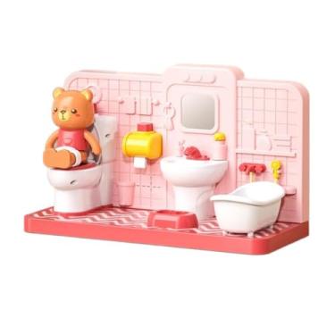 Imagem de menolana Conjunto de móveis para banheiro de casa de bonecas, brinquedo de banheiro em miniatura com urso, acessórios para banheiro, conjuntos de brinquedos