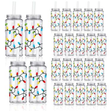 Imagem de Whaline 20 peças de copos de plástico de Natal com tampas e canudos, lâmpadas transparentes para festas, copos reutilizáveis de Natal, inverno, para suprimentos de festas de fim de ano