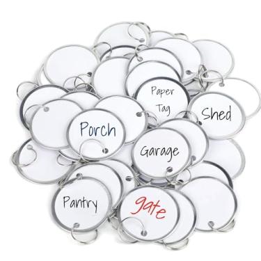Imagem de 50 etiquetas de chaveiro, etiquetas redondas de papel branco de 3 cm, etiquetas de plástico, anéis divididos, identificadores de chave robustos, porta de carro, apartamento, hotel, concessionária