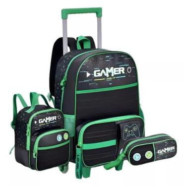 Imagem de Kit Mochila Escolar Rodinha Gamer Lancheira Estojo Preto - Clio