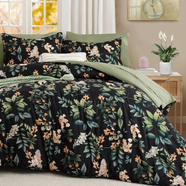 Imagem de Conjunto de cama de edredom preto, tamanho Queen, floral, 7 peças, botânico, com fronhas, microfibra macia, conjunto de cama completo para todas as estações