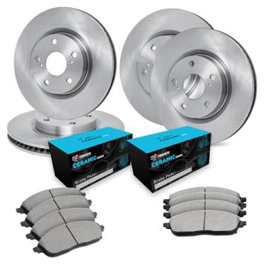 Imagem de R1 Concepts Rotores de freio perfurados e ranhurados dianteiros traseiros prateados com pastilhas de cerâmica e kit de ferragens compatíveis com Ford Escape 2013-2018, conexão de trânsito