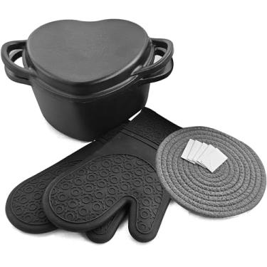 Imagem de Forno holandês de ferro fundido 2 em 1 em forma de coração com tampa conjunto antiaderente de alças duplas para assar em casa (conjunto de panela em forma de coração)