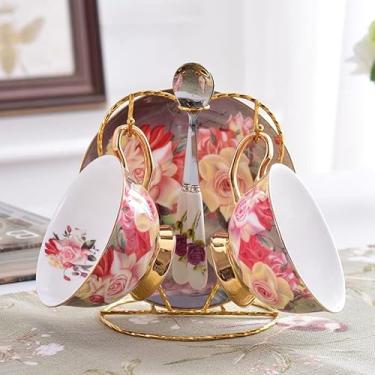 Imagem de Caneca Rose Bone China Xícara de Chá Pires Conjunto de Colher 200 ml Porcelana Avançada Xícara de Café Café Britânico Tarde Caneca de Café Transporte da Gota (Cor: 2 Xícaras n Suporte)
