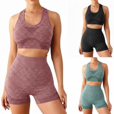 Imagem de Kit Conjunto Fitness Feminino 3 Peças  Top Shorts Cintura Alta  Efeito