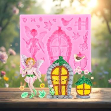 Imagem de Enchanted Vintage Fairy Garden Fairy Gnomo Porta Janela Moldes de Silicone Molde de Folhas de Flores para Decoração de Bolos Topo de Cupcake Doces Chocolate Goma Pasta de Argila Polímero