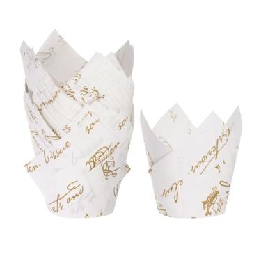 Imagem de Generic 50 peças de forros de cupcake de tulipa copos de papel padrão para assar embalagens à prova de gordura descartáveis para banquetes de aniversário, branco com padrão dourado