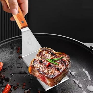 Imagem de 1 espátula de cabeça quadrada de aço inoxidável para pastelaria, pá de pizza, cabo de madeira, utensílios de churrasco para cozinha, 25,6 x 6,5 cm
