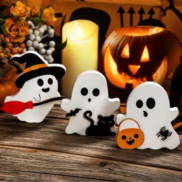Imagem de Conjunto de 3 placas decorativas de Halloween com fantasma fofo, decoração de mesa, morcego, bruxa, vassoura, blocos de abóbora, para festa, casa, prateleira, ornamentos