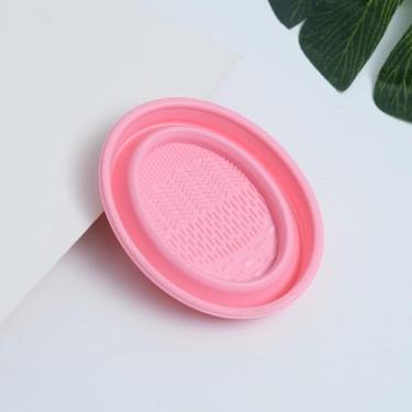 Imagem de Tigela de limpeza de pincéis de maquiagem, tapete de limpeza de maquiagem de silicone dobrável, ferramenta de limpeza para pincel, esponja (rosa)