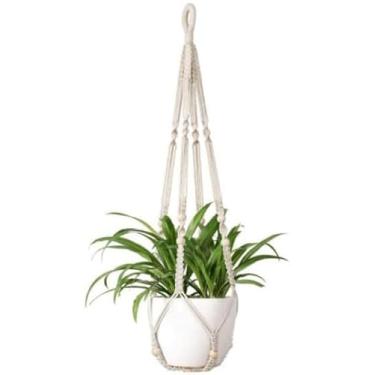Imagem de 1 conjunto de cabides de macramê marfim de 89 cm para plantas de interior, cesta de vaso de pendurar Boho com contas de madeira, suporte decorativo para vasos de flores (vasos não incluídos)