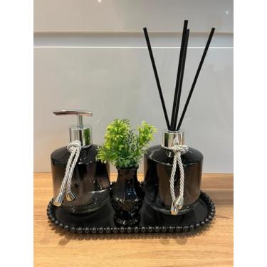 Imagem de KIT PORTA SABONETE E DIFUSOR COM BANDEJA E VASINHO - VIDRO (Rubi Preto 350 ml)
