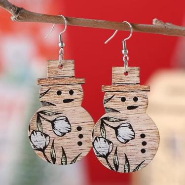 Imagem de Brincos de Natal femininos com estampa de flor branca em forma de boneco de neve, brincos pendentes de Natal, acessórios de bijuteria de fantasia, 2inch, Madeira, Sem pedra preciosa
