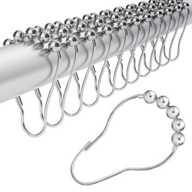 Imagem de Conjunto de 12 ganchos de cortina de chuveiro – anéis de chuveiro de aço inoxidável resistentes à ferrugem com acabamento em níquel polido – cabides de cortina decorativos para hastes de chuveiro