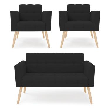 Imagem de Kit 1 Sofá Namoradeira E 2 Poltronas Elisa Veludo Preto Pés Palito Natural - D'rossi