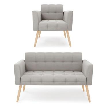 Imagem de Kit 1 Sofá Namoradeira E 1 Poltrona Elisa Veludo Pés Palito Natural - D'rossi Cor Cinza