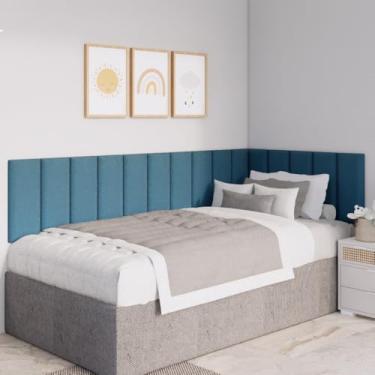 Imagem de Kit Cabeceira Modulada Estofada em L para Cama Box Casal Queen King | Placas 45x20cm em Suede Premium com Fita Dupla Face(AZUL PETRÓLEO,KING - 20 PLACAS)
