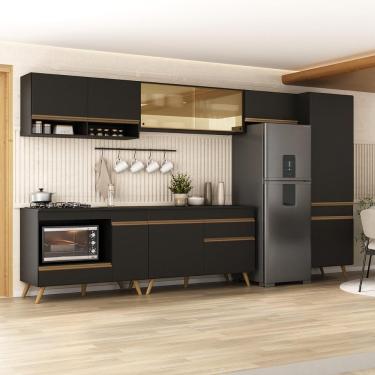Imagem de Cozinha Modulada Completa 357cm 6 Peças Com Balcão Para Cooktop Veneza Multimóveis Mp2275 Preto Dourado