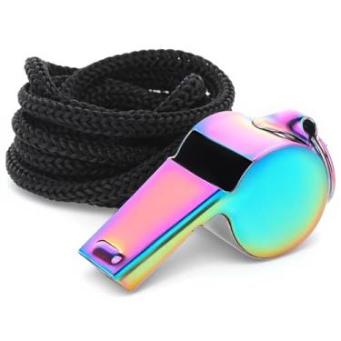 Imagem de Tweruna Apito com cordão, apito esportivo de treinador de aço inoxidável, apito de árbitro, apito de metal colorido, som alto e nítido para treinador, árbitro, emergência, professor