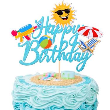 Imagem de Cake Topper ZHUOWEISM Summer Beach Feliz Aniversário 16.5x22cm