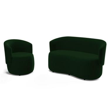 Imagem de Kit Poltrona E Namoradeira Aisha Orgânica Veludo Verde Escuro - Desk Design
