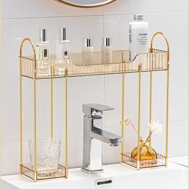 Imagem de WIWIUXY Organizador de maquiagem para penteadeira, organizador de pia de banheiro de 2 andares, prateleira sobre torneira, suporte organizador de bancada com bandejas de plástico dourado
